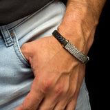 Model Wearing SLEDGE HAMMER Mens Bracelet in Black Leather and Stainless Steel