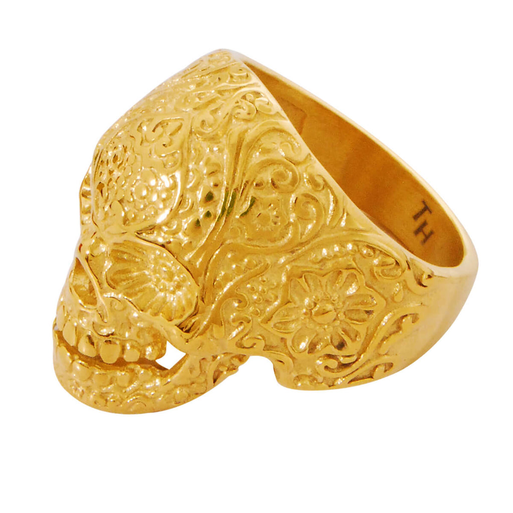GOLD SUGAR SKULL Day the Dead Ring For Men Gold Steel Skull Ring