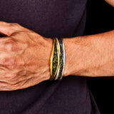 Model Wearing GOLD HAMMERED ARMOR SMALL CUFF Mens Bracelet in King Baby Gold Alloy