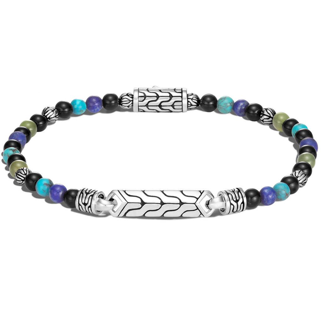 John Hardy Mens Blue Multi Stone Bead Bracelet with Silver Station