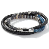 John Hardy Mens Triple Wrap Black Leather and Multi-Bead Bracelet with Silver Hook Clasp