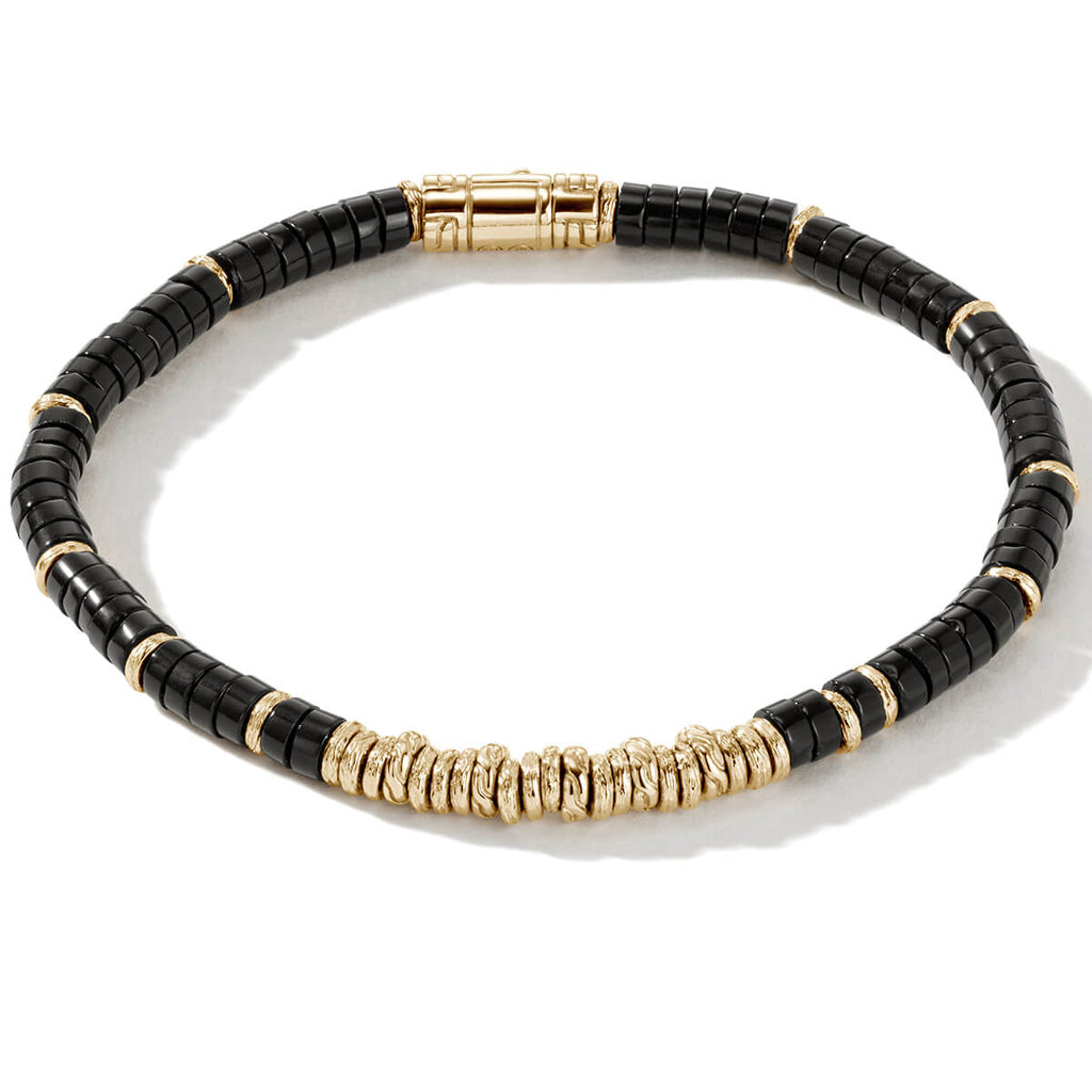 John Hardy Men's Heishi Bead Thin Width Bracelet Black Onyx & 14k Gold