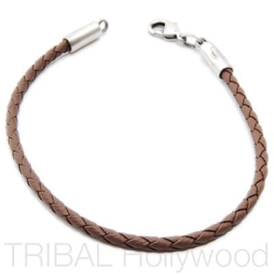BROWN BRAIDED FAUX LEATHER BRACELET Thin Width