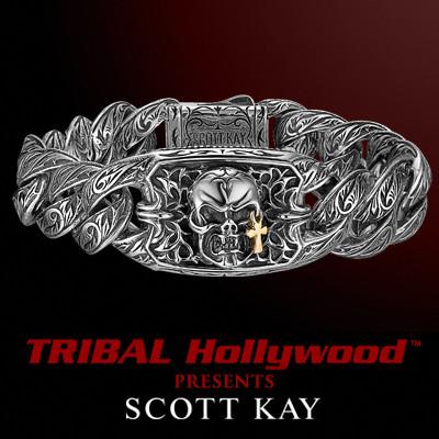 Scott Kay TEARS OF JOY SKULL Silver Mens Bracelet with 18K Gold Cross