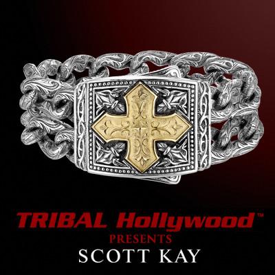Scott Kay LARGE 18K GOLD CROSS Wide Silver Double Chain Mens Bracelet