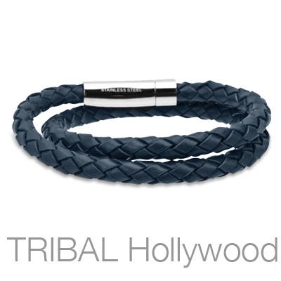 SALVATORE Navy Blue Braided Double Wrap Mens Leather Bracelet