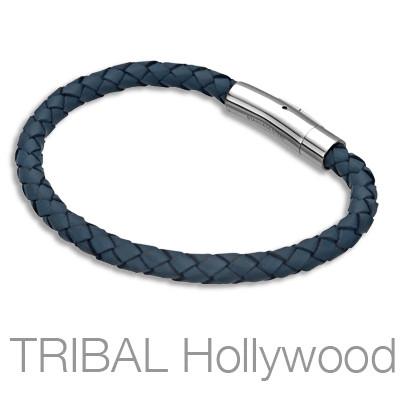 MAESTRO Navy Blue Braided Leather Mens Bracelet
