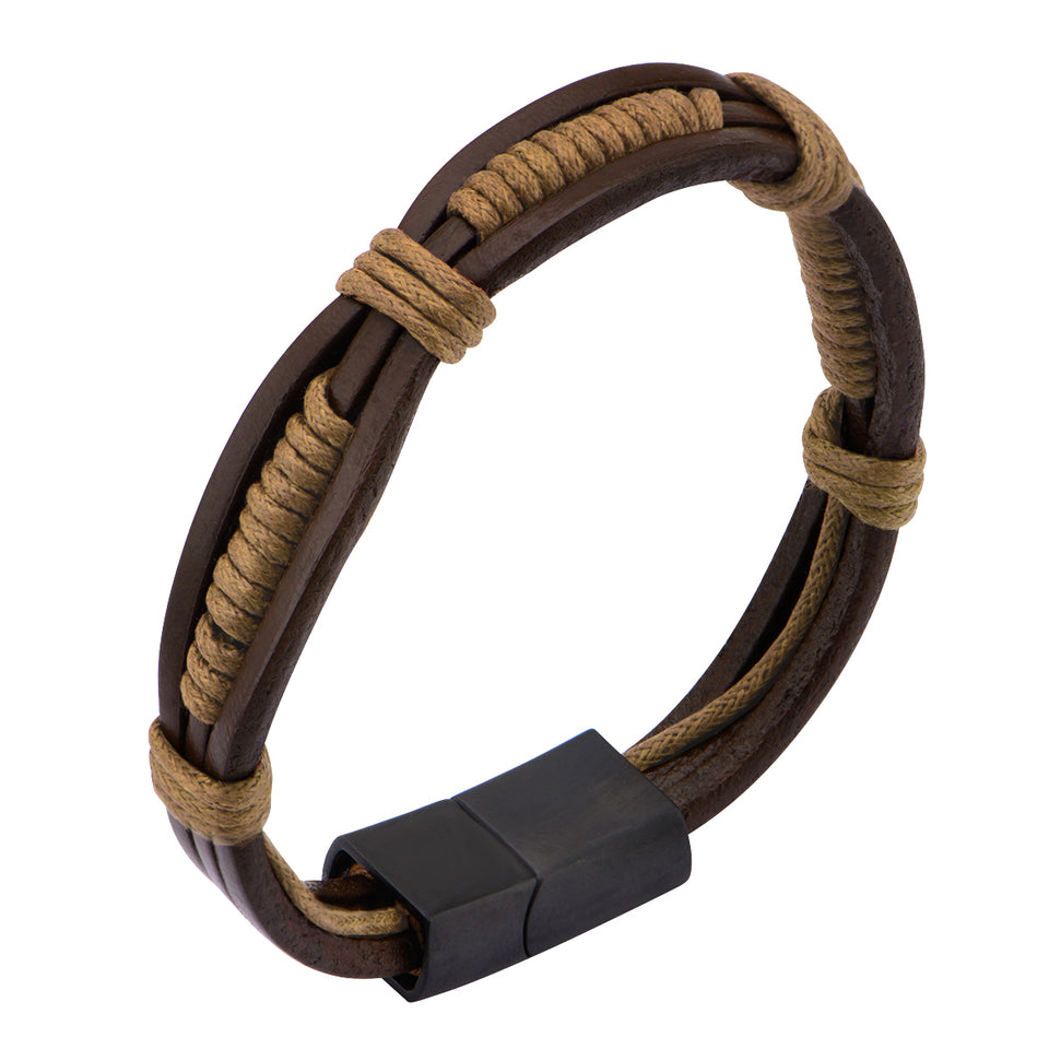 RAGING LUAU Brown Leather Mens Bracelet with Tan Leather Rope