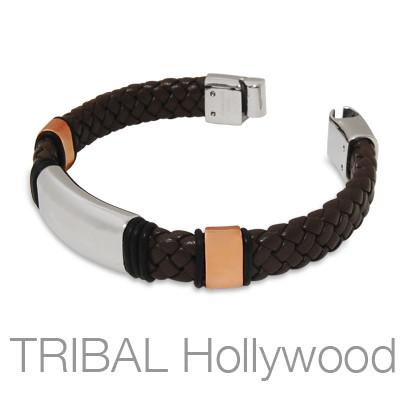 ELEMENTAL Brown Leather Bracelet in Stainless Steel and Rose Gold PVD