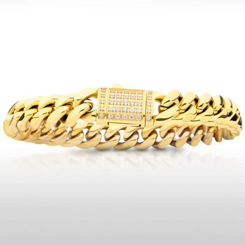 GOLD DIAMOND DUST 10mm Miami Cuban Link Mens Bracelet in Gold Steel