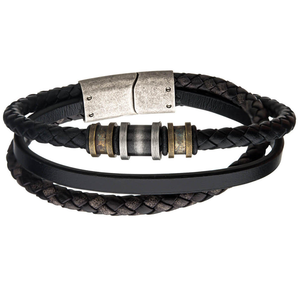 Men's 12 Strand Black Leather Cord Bracelet with Silver Beads