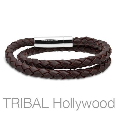 HULA HULA Brown Braided Double Wrap Mens Leather Bracelet