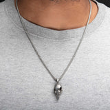 Model Wearing CORVUS Crow Skull Pendant Necklace for Men in Stainless Steel