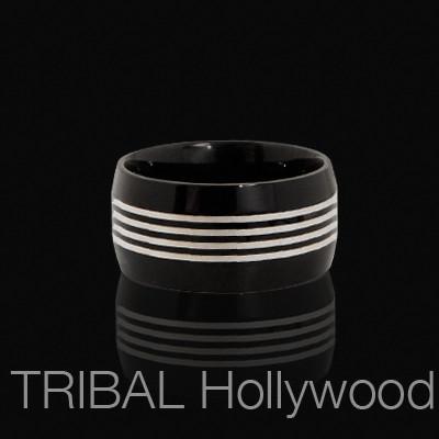 THE GIG Pinstriped Mens Ring in Black Stainless Steel