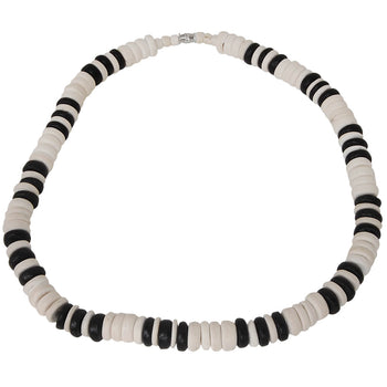 PUKOA White and Black Coconut Shell Hawaiian Mens Bead Choker Necklace