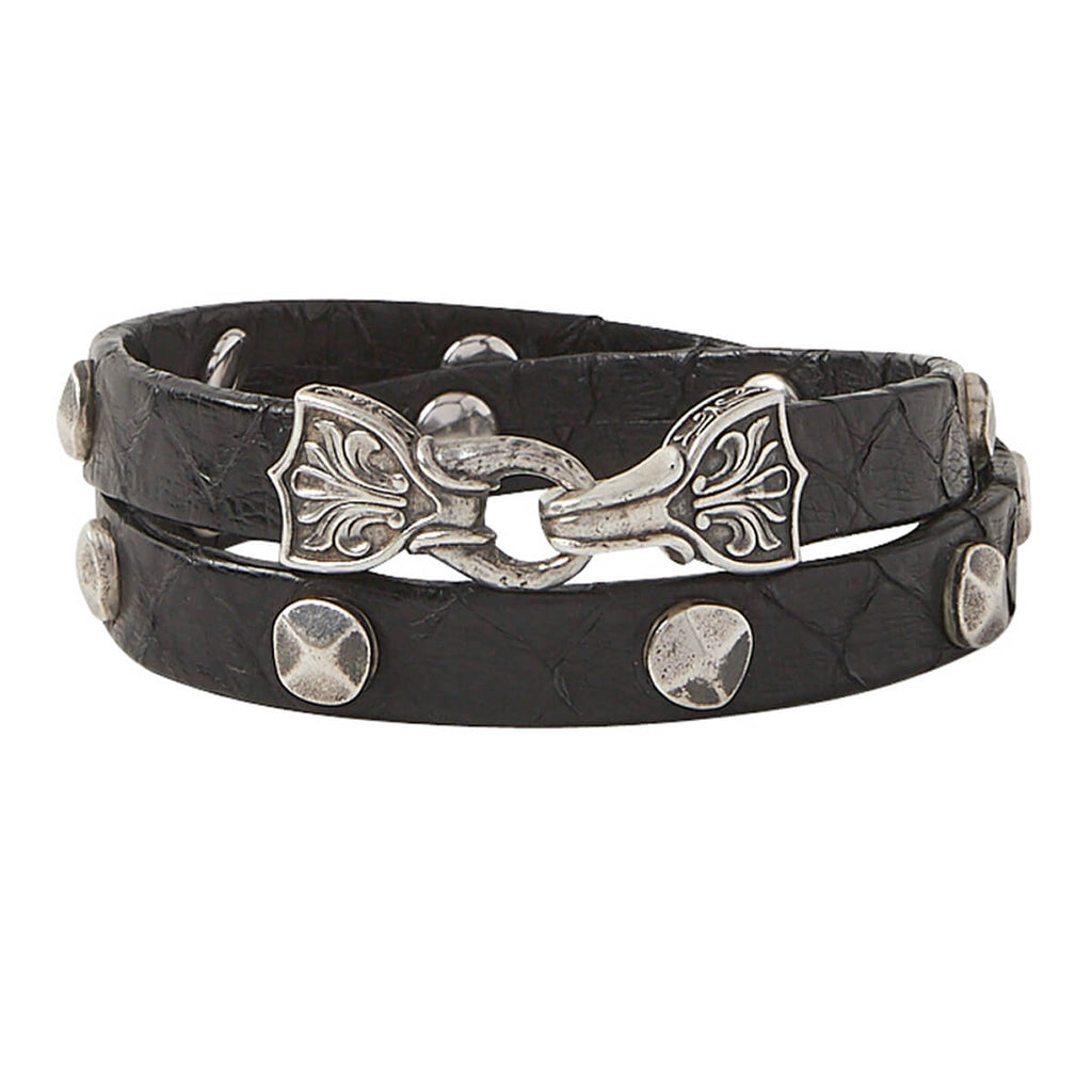 John Varvatos SILVER RIVET LEATHER Double Wrap Mens Bracelet