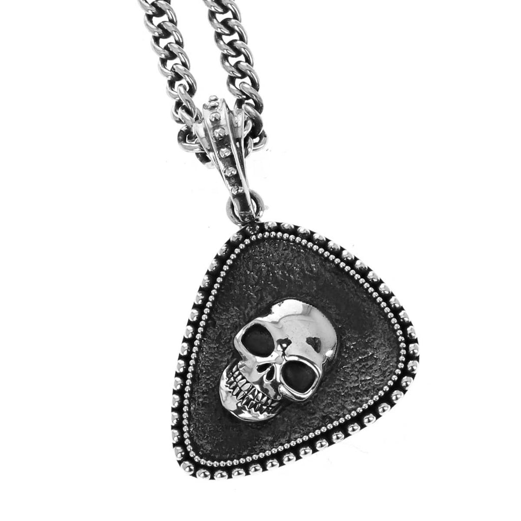 Mens Guitar Pick Dark Skull Pendant Stainless Steel Rock Necklace Fast  Shipping