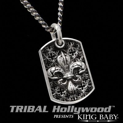 LARGE FLEUR DE LYS RELIC King Baby Silver Large Dog Tag Chain