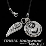 HEART COIN AND WING Sterling Silver Pendants on Cord Necklace by King Baby