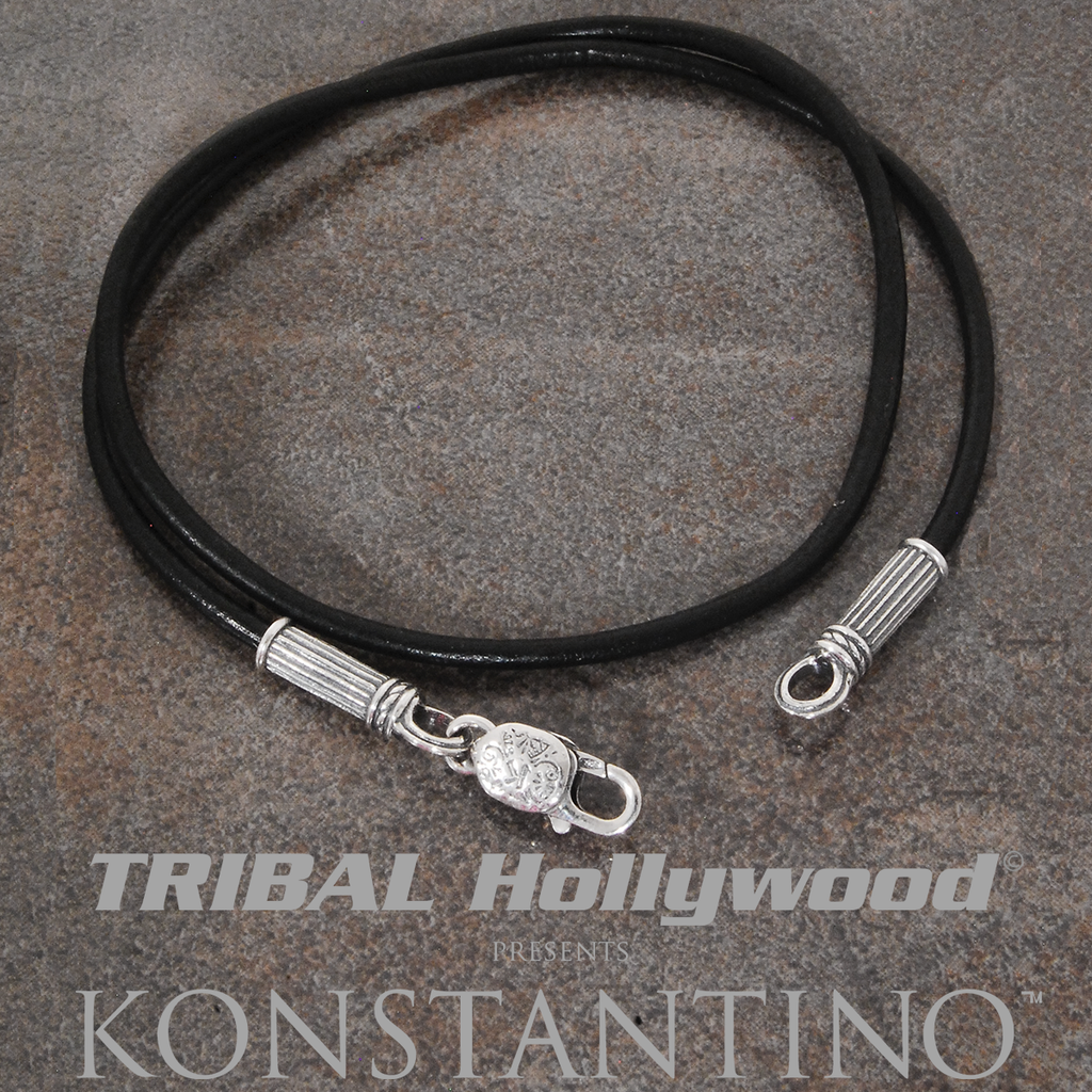 Thin black leather cord necklace for man with silver nugget