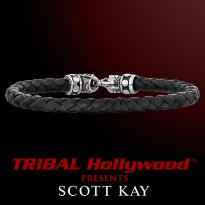 BRAIDED BLACK LEATHER Bracelet Thin Width with Scott Kay Sterling Silver Clasp