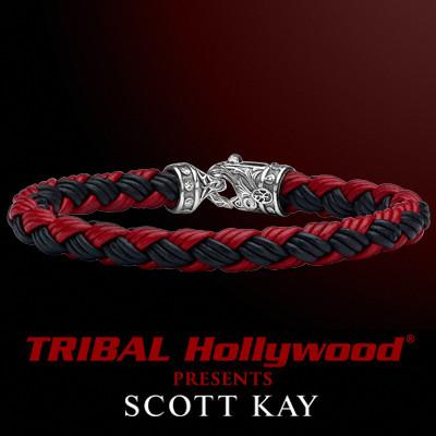EQUESTRIAN BLACK AND RED Woven Leather Mens Bracelet by Scott Kay