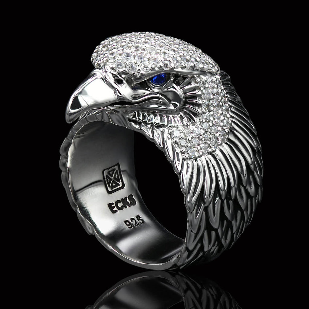 paus Lodge Aanzienlijk FREEDOM Blue Eyed American Bald Eagle Ring for Men in Silver by Ecks
