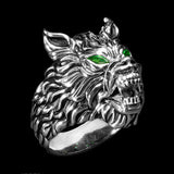 Ecks GREEN EYED WOLF HEAD Sterling Silver Mens Wolf Ring - Side View