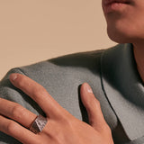 Model Wearing John Hardy Mens Tiga Signet Ring in Volcanic Textured Sterling Silver