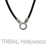 BLACK LEATHER NECKLACE with Silver Warrior Metalwork Close-up