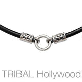 BLACK LEATHER NECKLACE with Silver Tribal Metalwork Close-up