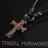 URBAN CELTIC CROSS PENDANT IN ROSEWOOD & GUNMETAL on Leather Necklace