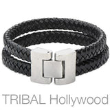 Woven Black Leather Double Layer Mens Bracelet THE WHIP Reverse View