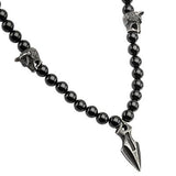 Dark Spear Tip  Steel Black Agate Mens Bead Necklace