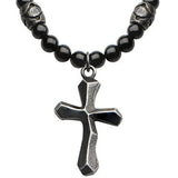 Twisted Cross Blackened Mens Black Onyx Bead Necklace Front View