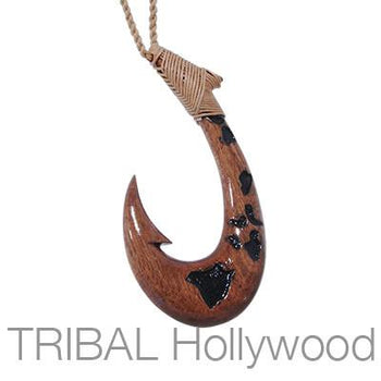 Hawaiian Koa Wood Carved Islands Fishhook Rope Necklace