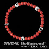 K40-5528-RCO Mens Bracelet SILVER SKULL RED CORAL Beaded by King Baby Studio | Tribal Hollywood Top View