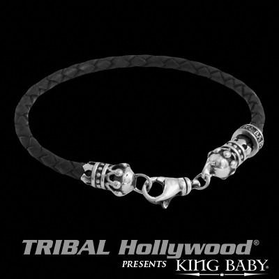 Braided Black Leather for Men CROWNS THIN BRACELET by King Baby | Tribal Hollywood