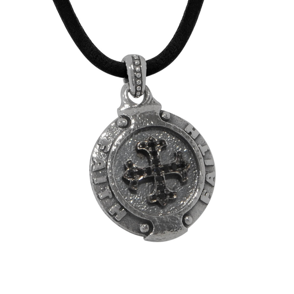 Black Sapphire Cross Silver Faith Medallion Mens Leather Necklace