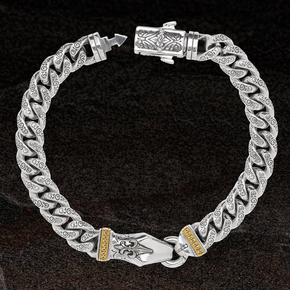 Konstantino FLEUR DE LYS SCROLLWORK Curb Link Silver Mens Bracelet