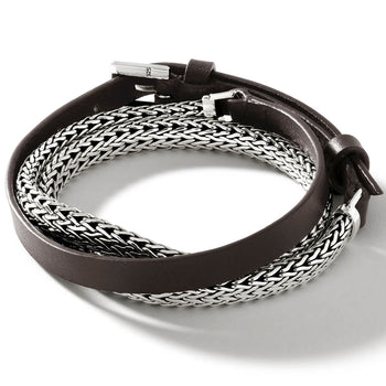 John Hardy Mens Triple Wrap Bracelet Dark Brown Leather and Silver Classic Link