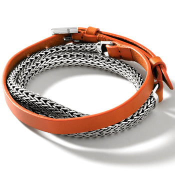 John Hardy Mens Triple Wrap Bracelet Orange Leather and Silver Classic Link