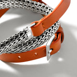 John Hardy Mens Triple Wrap Bracelet Orange Leather and Silver Classic Link - Close-up