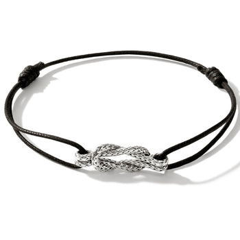 John Hardy Mens Silver Manah Knot Extra Thin Width Black Cord Bracelet
