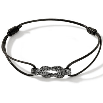 John Hardy Mens Rhodium Manah Knot Extra Thin Width Black Cord Bracelet