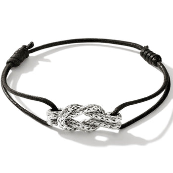John Hardy Mens Silver Manah Knot 1.5mm Thin Width Black Cord Bracelet