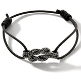 John Hardy Mens Rhodium Manah Knot 1.5mm Thin Width Black Cord Bracelet