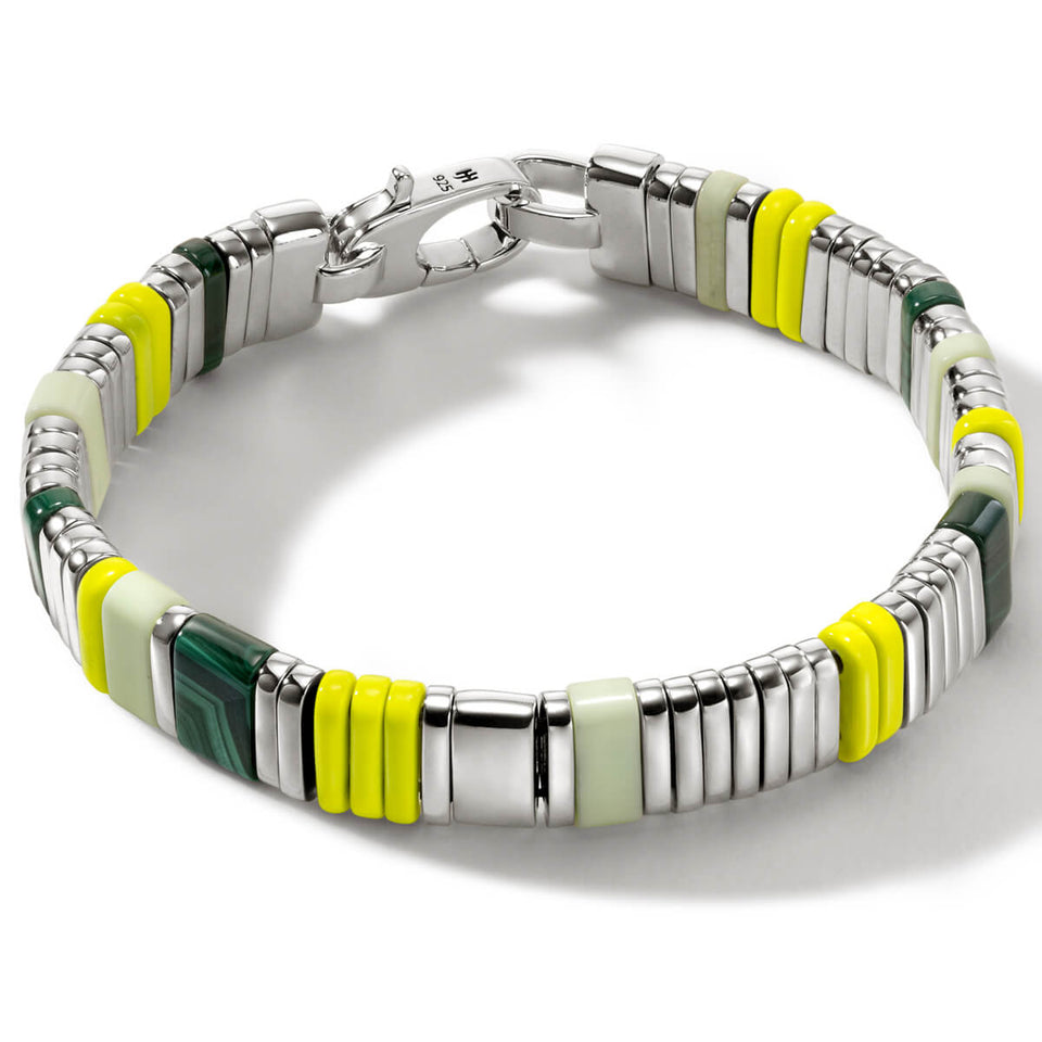 John Hardy Mens Colorblock Bracelet Green and Yellow Stone and Sterling Silver Square Bead