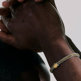 Model Wearing John Hardy Mens Icon Bracelet Woven 18k Gold and Silver Medium Width