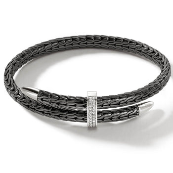 John Hardy Mens Spear Flex Cuff Black Rhodiam Bracelet with Diamonds